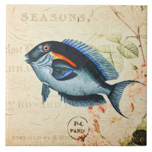 Vintage Blue Fish French Floral Illustration Ceramic Tile