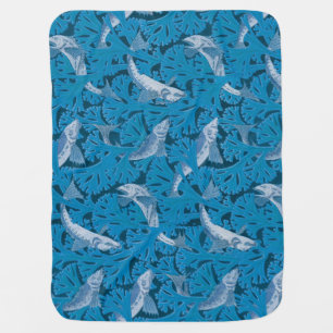 Vintage Blue Fish & Seaweed: Art Nouveau Nautical Baby Blanket