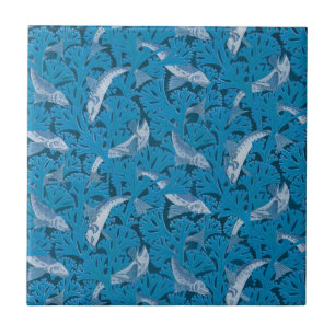 Vintage Blue Fish & Seaweed: Art Nouveau Nautical Ceramic Tile