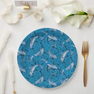 Vintage Blue Fish & Seaweed: Art Nouveau Nautical  Paper Plates