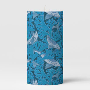 Vintage Blue Fish & Seaweed: Art Nouveau Nautical Pillar Candle