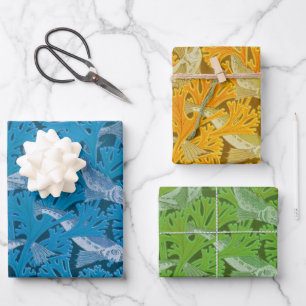 Vintage Blue Fish & Seaweed: Art Nouveau Nautical  Wrapping Paper Sheets