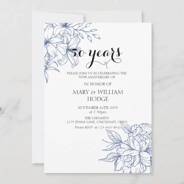 Vintage Blue Floral 50th wedding anniversary Invitation | Zazzle