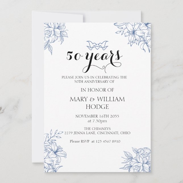 Vintage Blue Floral 50th wedding anniversary Invitation (Front)
