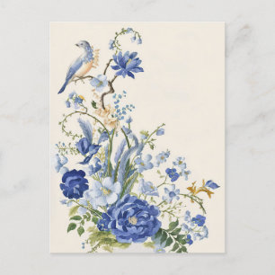 Vintage Blue floral and bird Postcard