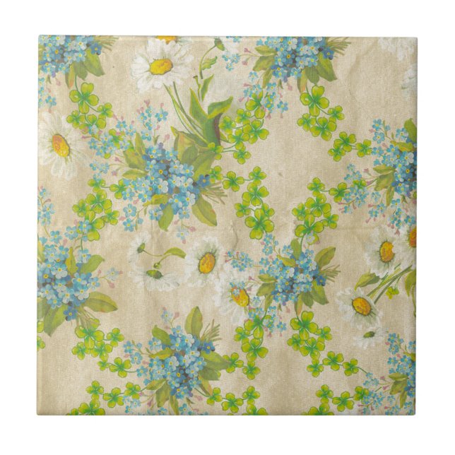 vintage blue floral and daisies ceramic tile (Front)