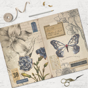 Vintage Blue Floral and Ephemera Decoupage Tissue Paper