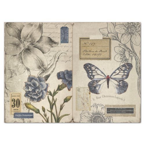 Vintage Blue Floral and Ephemera Decoupage Tissue Paper