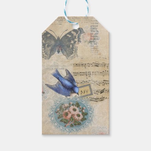 Vintage Blue Floral Bird Collage Scrapbook  Gift Tags