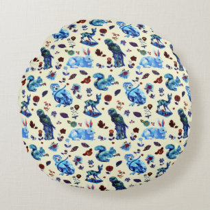 Vintage Blue Floral Bird Rabbit Forest Animals Round Pillow