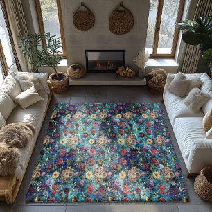 Vintage blue Floral Blooms area Rug