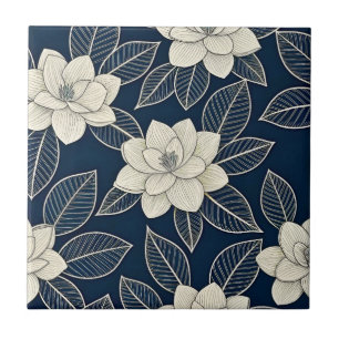 Vintage Blue Floral Botanical Pattern (5) Ceramic Tile