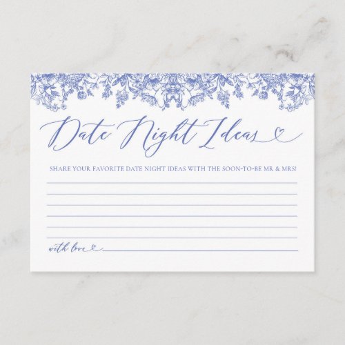 Vintage Blue Floral Bridal Date Night Ideas Card