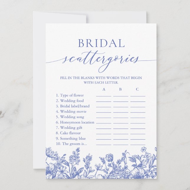 Vintage Blue Floral Bridal Scattergories Game Invitation (Front)