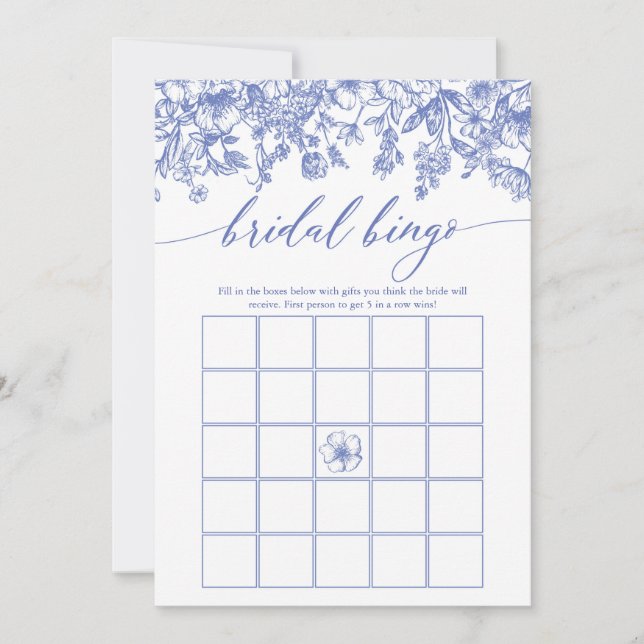 Vintage Blue Floral Bridal Shower Bingo Game Invitation (Front)