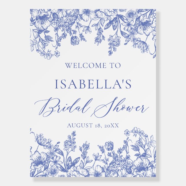 Vintage Blue Floral Bridal Shower Welcome Sign (Front)