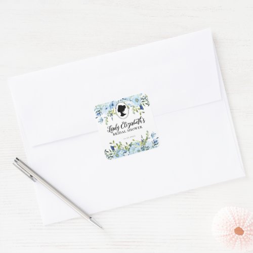 Vintage Blue Floral Bridgerton Bridal Shower Favor Square Sticker