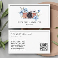 Vintage Blue Floral Camera QR Code Photographer Business Card