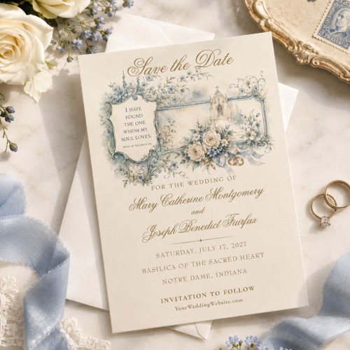 Vintage blue floral church scripture wedding  save the date