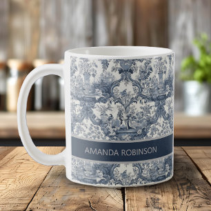 Vintage Blue floral damask toile de jouy monogram Coffee Mug