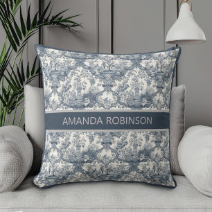 Vintage Blue Floral Damask Toile de Jouy Monogram Throw Pillow