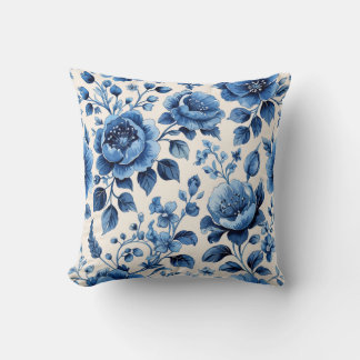 Vintage Blue Floral Elegance Throw Pillow