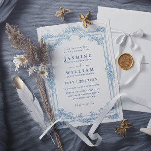 Vintage Blue Floral Elegant Modern Chic Wedding Invitation
