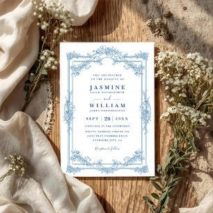 Vintage Blue Floral Elegant QR Code Wedding Invitation