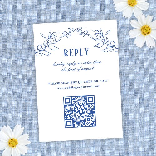 Vintage Blue Floral Elegant QR Code Wedding Reply RSVP Card