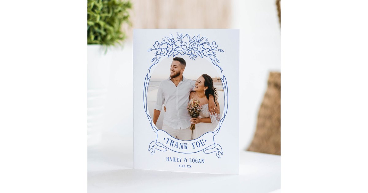 Vintage Blue Floral Elegant Wedding Photo Thank You Card | Zazzle