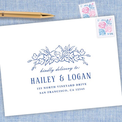 Vintage Blue Floral Elegant Wedding Reply RSVP Envelope