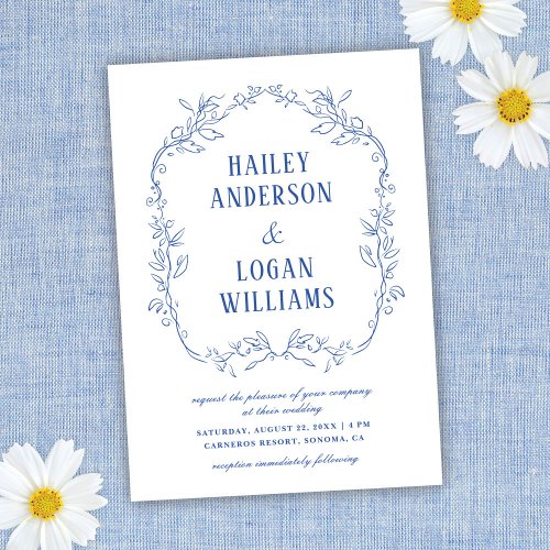 Vintage Blue Floral Frame Elegant Wedding Invitation