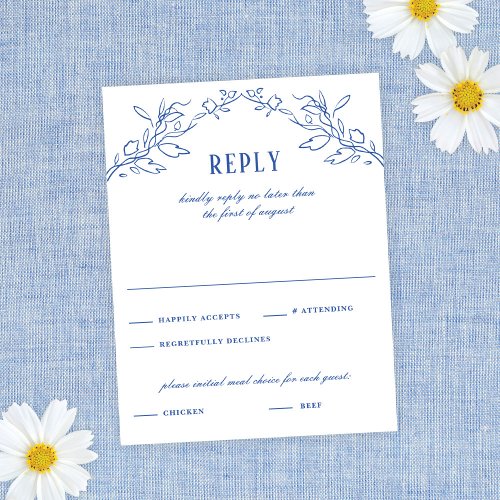 Vintage Blue Floral Frame Elegant Wedding Reply RSVP Card