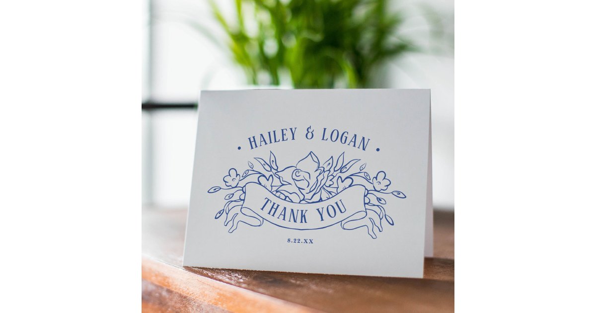 Vintage Blue Floral Frame Elegant Wedding Thank You Card | Zazzle