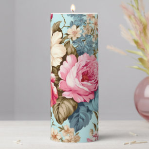 Vintage Blue Floral Garden Pattern Pillar Candle