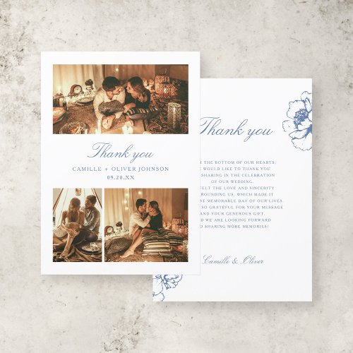 Vintage Blue Floral Garden Wedding 3 Photo Collage Thank You Card