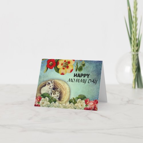 Vintage blue floral kitten in a hat mothers day  card