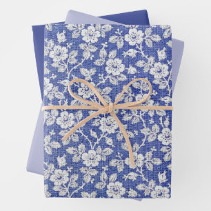 Vintage blue floral lace botanical pattern wrapping paper sheets