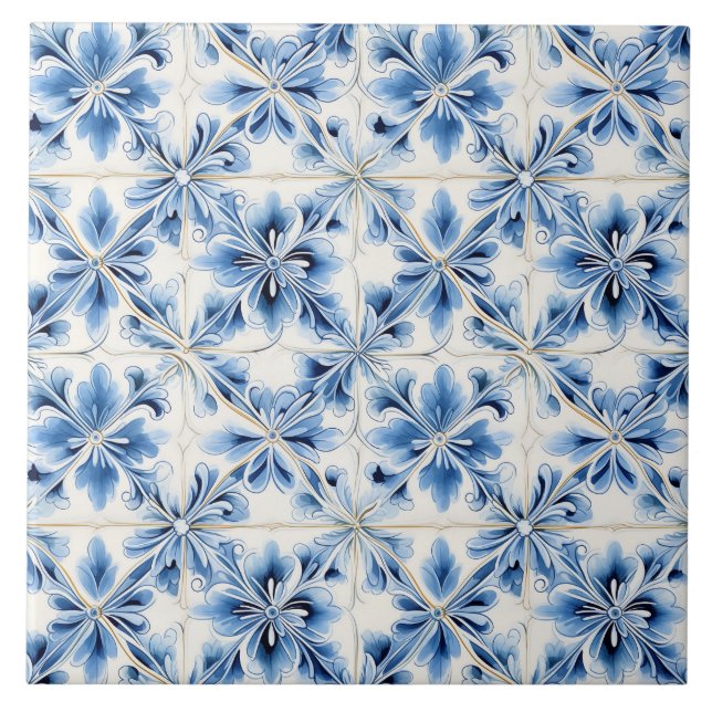 Vintage Blue Floral Mediterranean Ceramic Tile (Front)