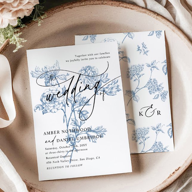 Vintage Blue Floral Modern Script Wedding Invitation (Creator Uploaded)