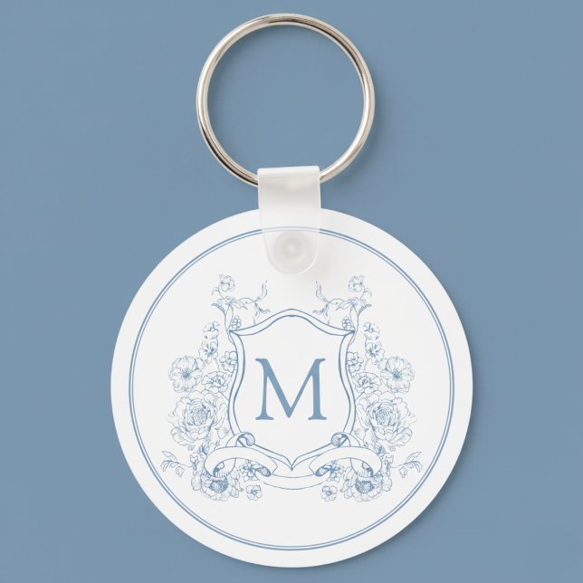 Vintage Blue Floral Monogram Keychain (elegant coquette blue french toile monogram crest initial keychain)