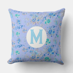 Vintage Blue Floral Monogram Throw Pillow