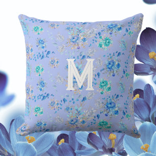 Vintage Blue Floral Monogram Throw Pillow