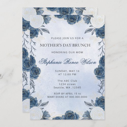 Vintage Blue Floral Mothers Day Brunch  Invitation