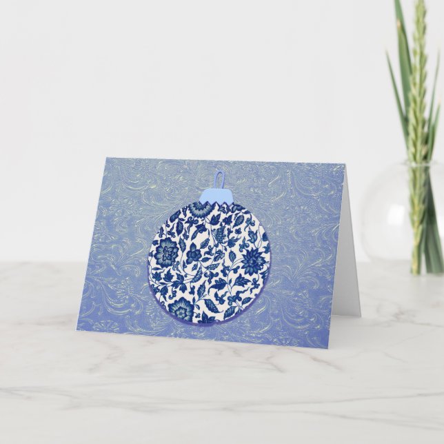 Vintage Blue Floral Ornament Christmas Card (Front)