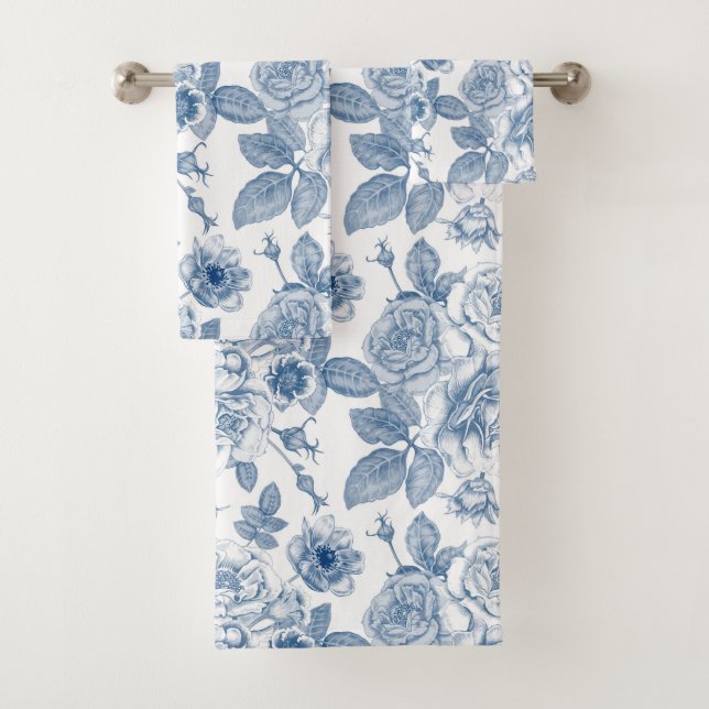 Vintage blue floral pattern bath towel set (Insitu)