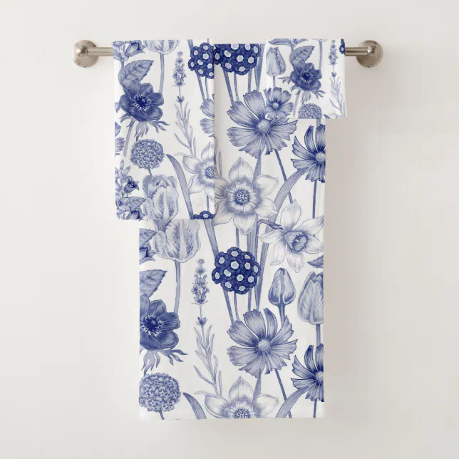Vintage blue floral pattern bath towel set Zazzle