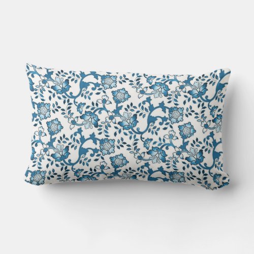 Vintage Blue Floral Pattern Illustration Lumbar Pillow