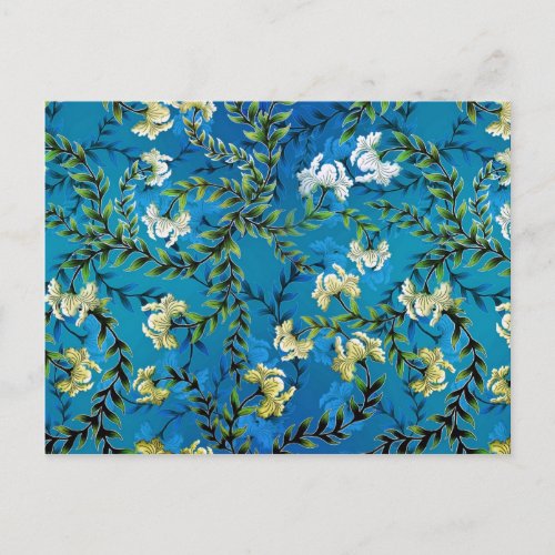 Vintage Blue Floral Pattern Illustration Postcard