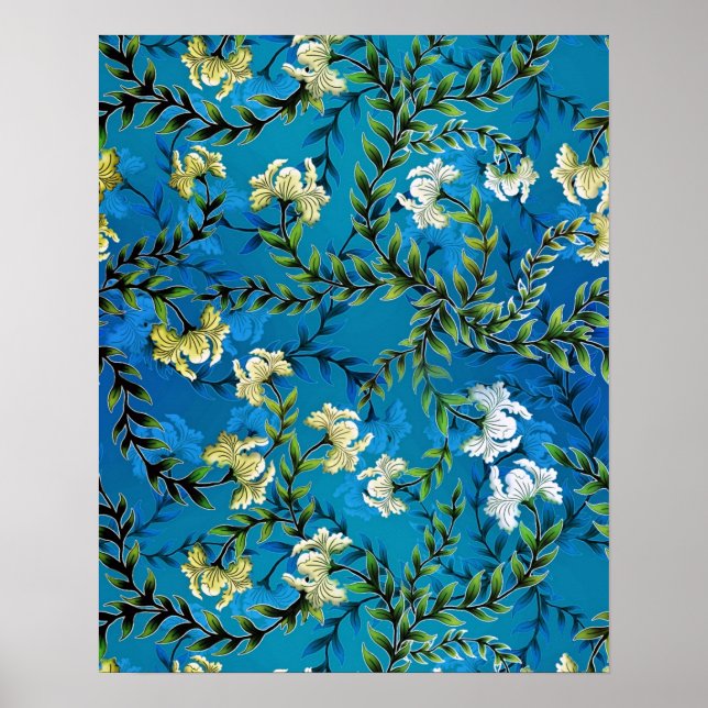 Vintage Blue Floral Pattern Illustration Poster (Front)